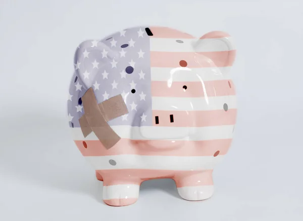 Bandeira Dos Eua Pintada Piggy Bank Com Gesso Isolado Fundo — Fotografia de Stock