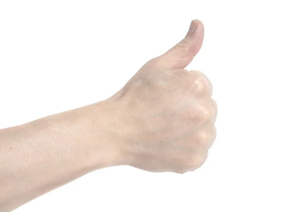 Χέρι Δείχνει Αντίχειρες Επάνω Απομονωθεί Λευκό Φόντο — Φωτογραφία Αρχείου