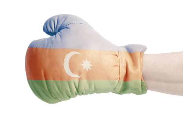 Azeri Zászló Boksz Kesztyűket Visel Férfi Kezében Elszigetelt Fehér Background — Stock Fotó