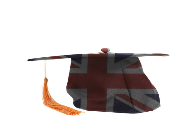 Βρετανική Σημαία Στο Καπάκι Αποφοίτηση Απομονωθεί Λευκό Φόντο — Φωτογραφία Αρχείου