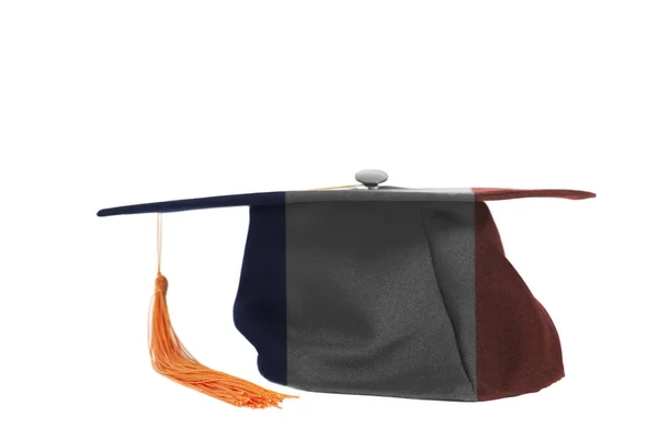 法国国旗上的毕业帽被隔离在白色背景上 — 图库照片