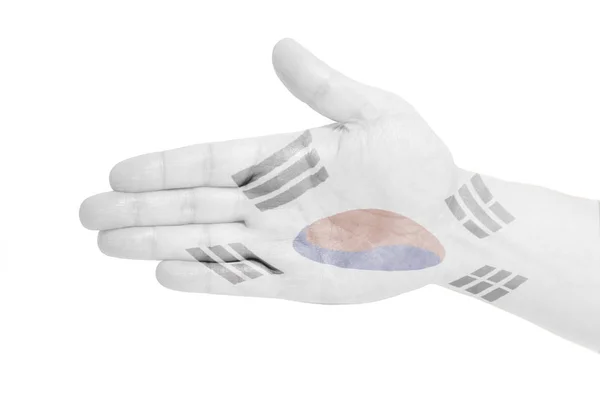 Homem Sinal Mão Com Bandeira Sul Coreana Isolado Fundo Branco — Fotografia de Stock