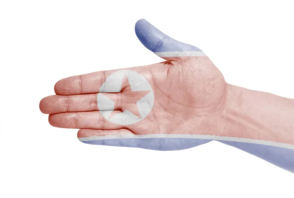 Man Hand Teken Met Vlag Van Noord Korea Geïsoleerd Witte — Stockfoto