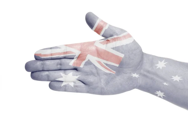 Homme Signe Main Avec Drapeau Australie Isolé Sur Fond Blanc — Photo