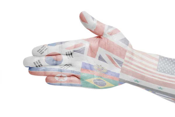 Homem Mão Sinal Com Bandeiras Todos Países Mundo Isolado Fundo — Fotografia de Stock