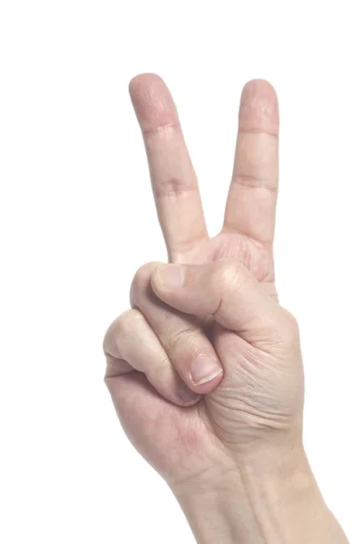 Man Hand Showing Victory Sign Gesture Isolated White Background Stock Photo