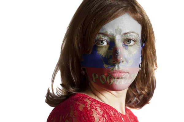 Donna Faccia Con Bandiera Dipinta Della Federazione Russa Isolata Sfondo — Foto Stock