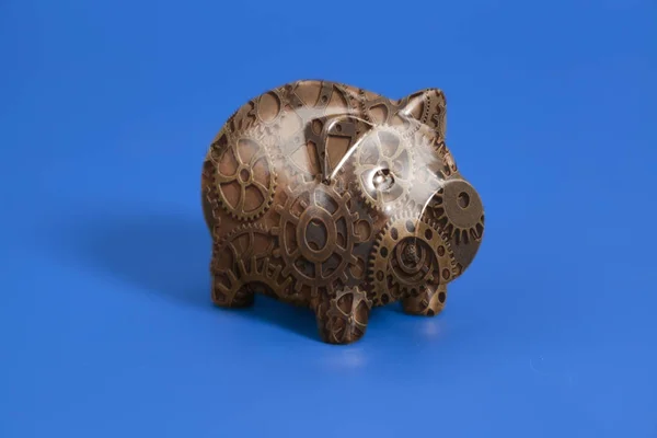 Piggy Bank Gears Blue Background — Stok Foto