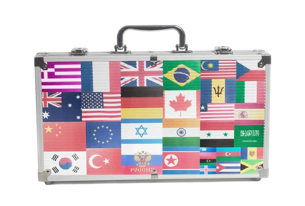 Valigia Viaggio Affari Con Bandiere Tutti Paesi Del Mondo Isolati — Foto Stock