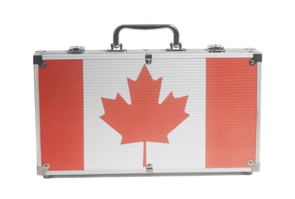 Business travel suitcase with Canada flag isolated on a white background