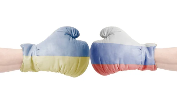 Boxing Gloves Russian Ukraine Flag Russia Ukraine Concept Isolated White — Stock Photo, Image