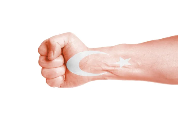 Turkse Vlag Geschilderd Mannenhand Met Gebalde Een Vuist Geïsoleerd Een — Stockfoto