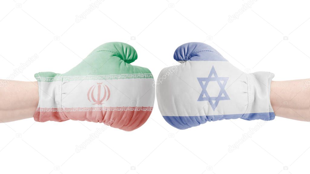 Boxing gloves with Israel and Iran flag.Israel vs Iran concept isolated on a white background