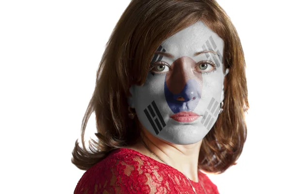 Retrato Mujer Con Bandera Surcoreana Pintada Aislada Sobre Fondo Blanco — Foto de Stock