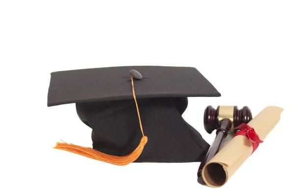 Sombrero Graduación Negro Con Diploma Martillo Aislado Sobre Fondo Blanco — Foto de Stock