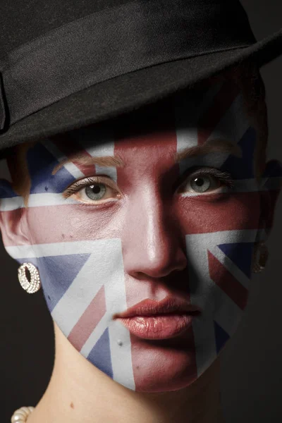 Woman Face Painted British Flag Closeup Black Background — Stock Photo, Image