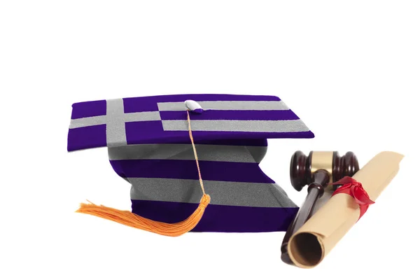 Cappello Laurea Con Bandiera Della Grecia Con Diploma Giudice Gavel — Foto Stock