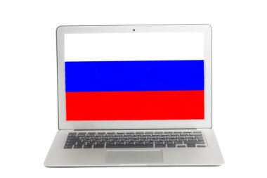 Brezilya bayrağı ile dizüstü bilgisayar ekranında Isolated beyaz arka plan üzerinde