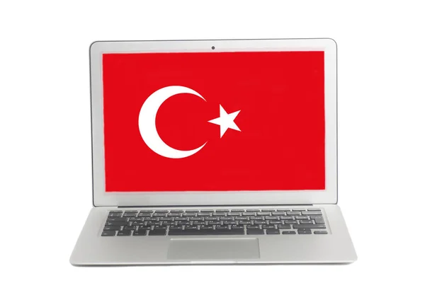 Φορητό Υπολογιστή Τουρκική Σημαία Οθόνη Απομονωμένη Λευκό Φόντο — Φωτογραφία Αρχείου