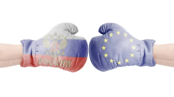 Avrupa Birliği Rusya Bayrağı Ile Boks Eldivenleri Rusya Avrupa Birliği — Stok fotoğraf