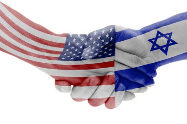 Beyaz izole el sıkışma ile ABD ve İsrail ülkelerin bayrakları