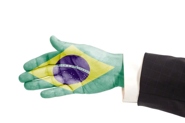 Handshake Gesto Empresário Mão Com Bandeira Brasil Isolado Sobre Fundo — Fotografia de Stock