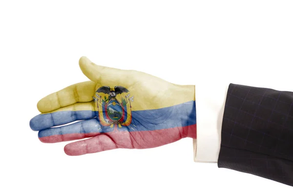 Mano Hombre Negocios Gesto Apretón Manos Con Bandera Ecuador Aislado — Foto de Stock