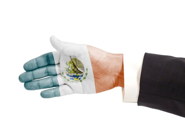 メキシコの旗は 白い背景で隔離のハンドシェイク ジェスチャのビジネスマン手 — ストック写真