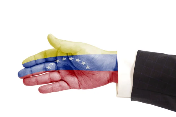 Handshake Gest Affärsman Hand Med Venezuelas Flagg Isolerad Vit Bakgrund — Stockfoto