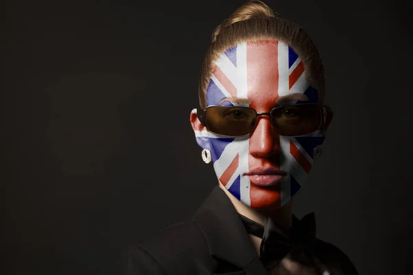 Portrait Woman Painted British Flag Sunglasses Black Background — Stock Photo, Image
