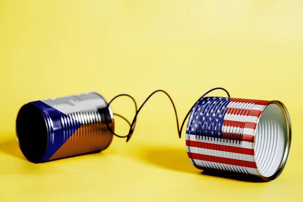 黄色のアメリカとチェコの Flags Communication の概念とブリキ缶電話 — ストック写真