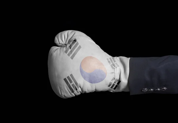 Mão Masculina Luva Boxe Com Bandeira Coreia Sul Preto — Fotografia de Stock