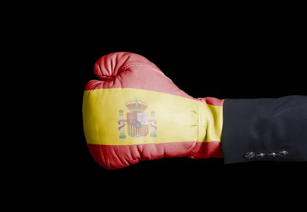 Mužské Ruky Boxerské Rukavice Vlajkou Španělska Černém Pozadí — Stock fotografie
