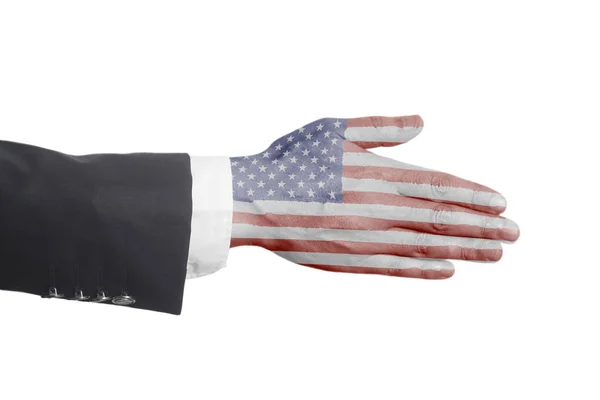 白い背景に分離されたアメリカ国旗とハンドシェイク ジェスチャのビジネスマン手 — ストック写真