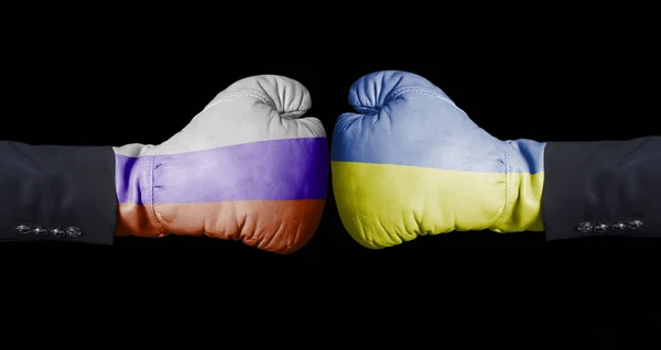 Guantes Boxeo Con Bandera Rusa Ucraniana Rusia Ucrania Concepto Sobre —  Fotos de Stock