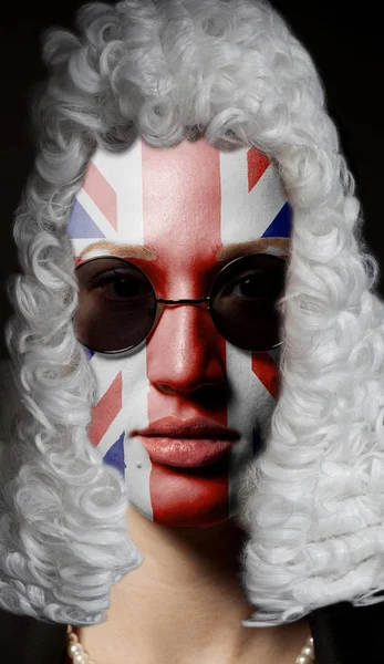 Portrait Female English Lawyer Painted British Union Jack Flag Sunglasses — Stock Photo, Image