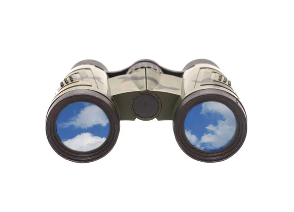 Camouflage Binoculars Blue Sky Clouds Reflection Lenses Isolated White Background — Stock Photo, Image