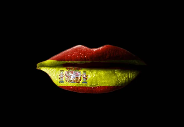 Labios Con Bandera España Sobre Fondo Negro —  Fotos de Stock