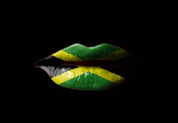 Lábios Com Bandeira Jamaica Fundo Preto — Fotografia de Stock