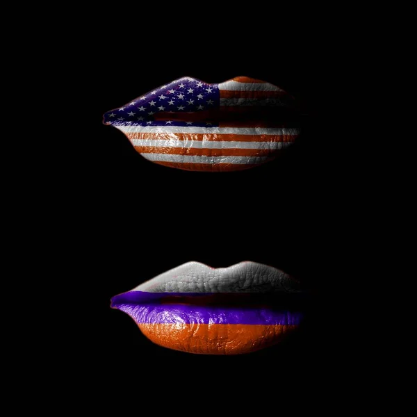 Lips Usa Russian Flags Black Background — Stock Photo, Image