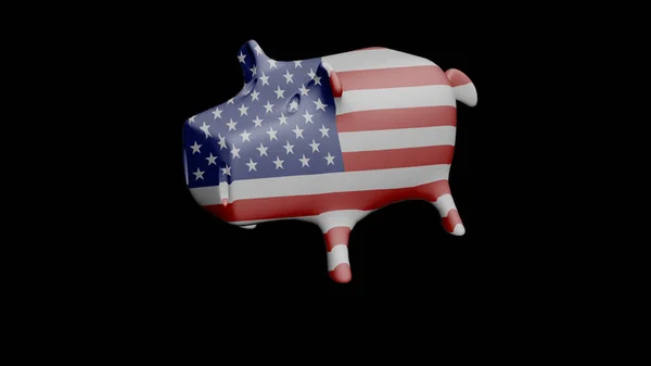 美国旗小猪银行3D 插图黑色背景 — 图库照片
