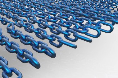Birden çok mavi metal zincirler beyaz bir arka plan üzerinde 3d render