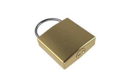 3D altın anahtar deliği ile asma kilit. 3D render göl kenarında beyaz bir arka plan üzerinde