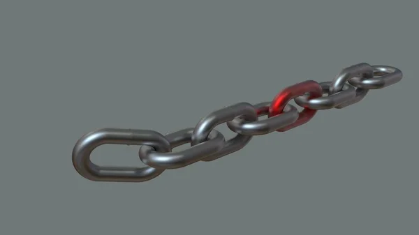 Silver Metal Chain Red Link Rendering Isolated Gray Background — Stock Photo, Image