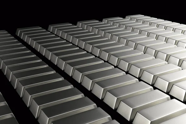 Stacked bars of silver bullion 3D render on black.Financial concept