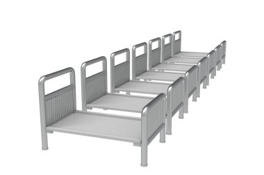 Boş hastane yatağında 3d render göl kenarında beyaz bir arka plan üzerinde