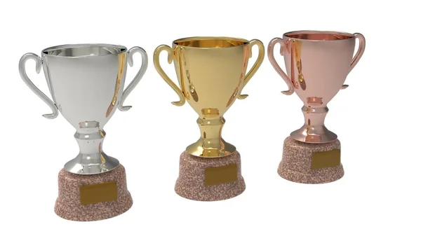 Golden Trophy Cups Rendering Isolated White Background — Stock Photo, Image