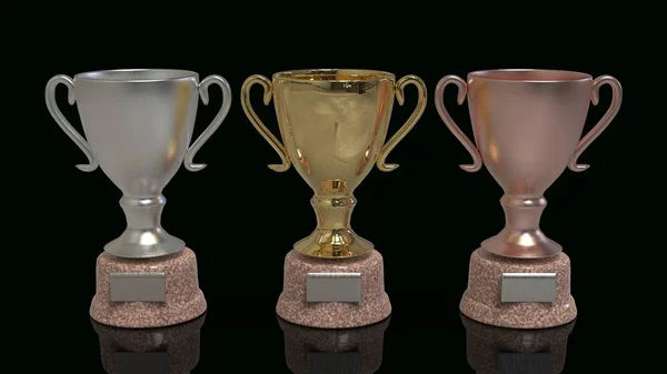 Golden Trophy Cups Rendering Isolated Black Background — Stock Photo, Image