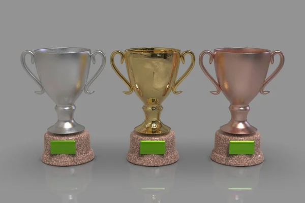 Golden Trophy Cups Rendering Gray Background — Stock Photo, Image