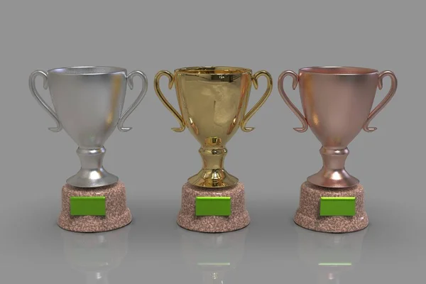 Golden Trophy Κύπελλα Rendering Ένα Γκρίζο Φόντο — Φωτογραφία Αρχείου